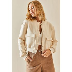 Xhan 3YXK4-47551-22 Kadın Krem Çıtçıt Düğmeli Crop Bomber Ceket