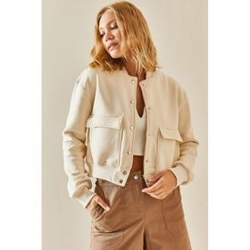 Xhan 3YXK4-47551-22 Kadın Krem Çıtçıt Düğmeli Crop Bomber Ceket