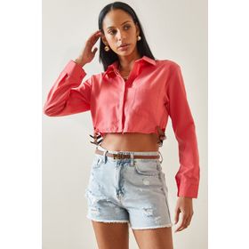 Xhan 5YXK2-48254-20 Kadın Pembe Toka Detaylı Tek Cepli Crop Gömlek