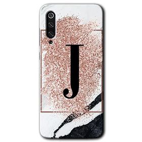 Xiaomi Mi 9 Pembe Mermer Desenli J Harfi Baskılı Uyumlu Silikon Kılıf