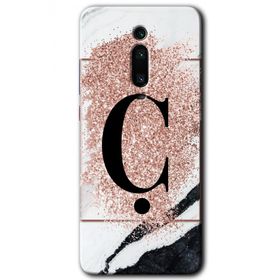 Xiaomi Mi 9T Pembe Mermer Desenli Ç Harfi Baskılı Uyumlu Silikon Kılıf