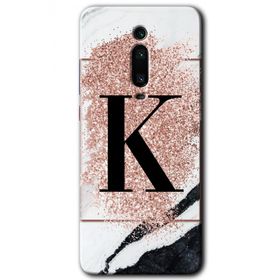 Xiaomi Mi 9T Pembe Mermer Desenli K Harfi Baskılı Uyumlu Silikon Kılıf
