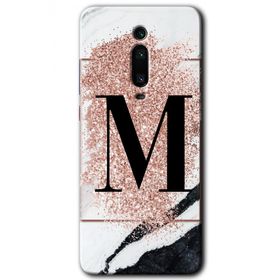 Xiaomi Mi 9T Pembe Mermer Desenli M Harfi Baskılı Uyumlu Silikon Kılıf