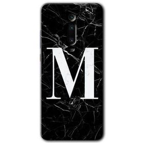 Xiaomi Mi 9T Siyah Mermer Desenli M Harfi Baskılı Uyumlu Silikon Kılıf