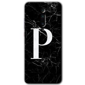 Xiaomi Mi 9T Siyah Mermer Desenli P Harfi Baskılı Uyumlu Silikon Kılıf