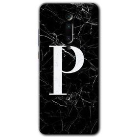 Xiaomi Mi 9T Siyah Mermer Desenli P Harfi Baskılı Uyumlu Silikon Kılıf