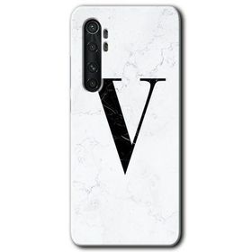 Xiaomi Mi Note 10 Lite Beyaz Mermer Desenli V Harfi Baskılı Uyumlu Silikon Kılıf
