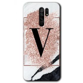 Xiaomi Redmi 9 Pembe Mermer Desenli V Harfi Baskılı Uyumlu Silikon Kılıf