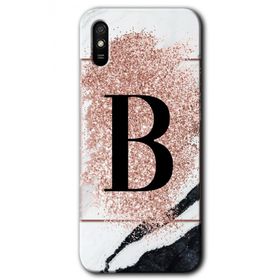 Xiaomi Redmi 9A Pembe Mermer Desenli B Harfi Baskılı Uyumlu Silikon Kılıf