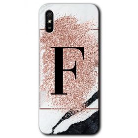 Xiaomi Redmi 9A Pembe Mermer Desenli F Harfi Baskılı Uyumlu Silikon Kılıf