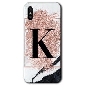 Xiaomi Redmi 9A Pembe Mermer Desenli K Harfi Baskılı Uyumlu Silikon Kılıf