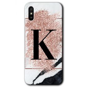 Xiaomi Redmi 9A Pembe Mermer Desenli K Harfi Baskılı Uyumlu Silikon Kılıf