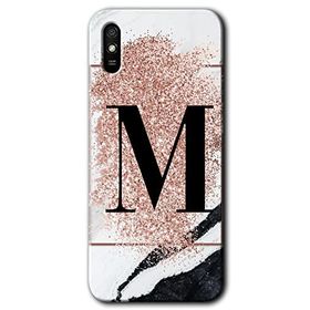 Xiaomi Redmi 9A Pembe Mermer Desenli M Harfi Baskılı Uyumlu Silikon Kılıf