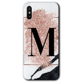 Xiaomi Redmi 9A Pembe Mermer Desenli M Harfi Baskılı Uyumlu Silikon Kılıf