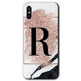 Xiaomi Redmi 9A Pembe Mermer Desenli R Harfi Baskılı Uyumlu Silikon Kılıf