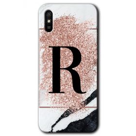 Xiaomi Redmi 9A Pembe Mermer Desenli R Harfi Baskılı Uyumlu Silikon Kılıf