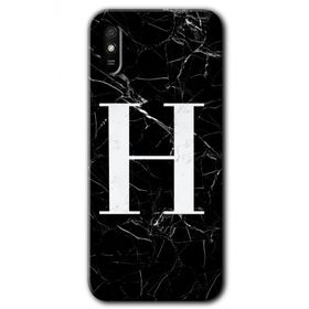 Xiaomi Redmi 9A Siyah Mermer Desenli H Harfi Baskılı Uyumlu Silikon Kılıf