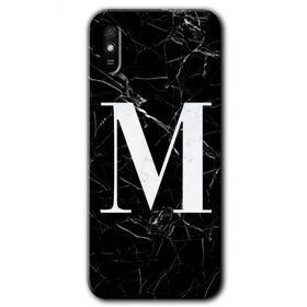 Xiaomi Redmi 9A Siyah Mermer Desenli M Harfi Baskılı Uyumlu Silikon Kılıf