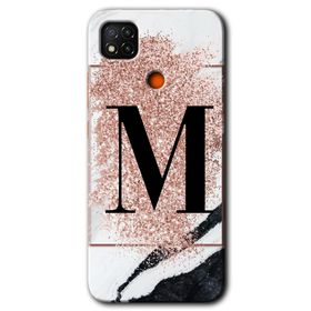 Xiaomi Redmi 9C Pembe Mermer Desenli M Harfi Baskılı Uyumlu Silikon Kılıf