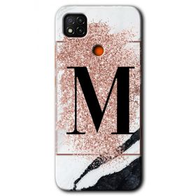 Xiaomi Redmi 9C Pembe Mermer Desenli M Harfi Baskılı Uyumlu Silikon Kılıf