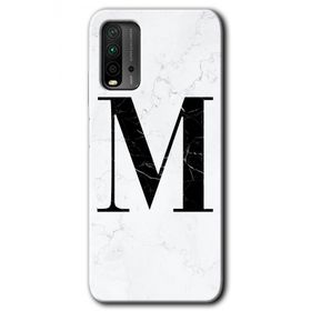 Xiaomi Redmi 9T Beyaz Mermer Desenli M Harfi Baskılı Uyumlu Silikon Kılıf