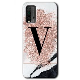 Xiaomi Redmi 9T Pembe Mermer Desenli V Harfi Baskılı Uyumlu Silikon Kılıf