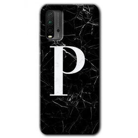 Xiaomi Redmi 9T Siyah Mermer Desenli P Harfi Baskılı Uyumlu Silikon Kılıf