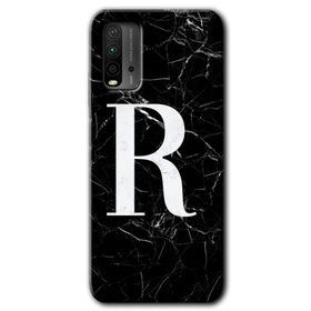 Xiaomi Redmi 9T Siyah Mermer Desenli R Harfi Baskılı Uyumlu Silikon Kılıf
