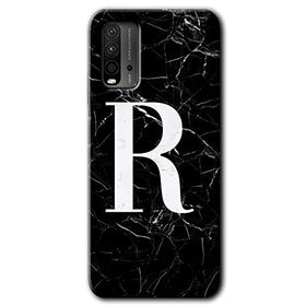 Xiaomi Redmi 9T Siyah Mermer Desenli R Harfi Baskılı Uyumlu Silikon Kılıf