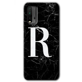 Xiaomi Redmi 9T Siyah Mermer Desenli R Harfi Baskılı Uyumlu Silikon Kılıf