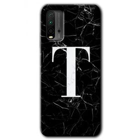 Xiaomi Redmi 9T Siyah Mermer Desenli T Harfi Baskılı Uyumlu Silikon Kılıf