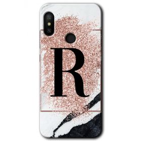 Xiaomi Redmi Note 6 Pro Pembe Mermer Desenli R Harfi Baskılı Uyumlu Silikon Kılıf