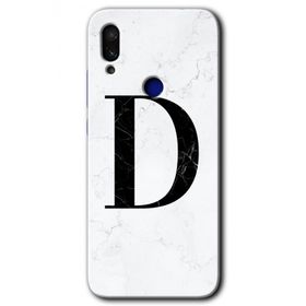 Xiaomi Redmi Note 7 Beyaz Mermer Desenli D Harfi Baskılı Uyumlu Silikon Kılıf