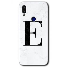 Xiaomi Redmi Note 7 Beyaz Mermer Desenli E Harfi Baskılı Uyumlu Silikon Kılıf