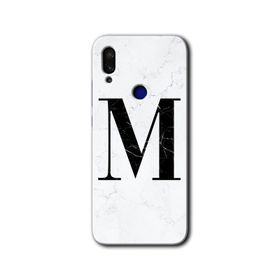 Xiaomi Redmi Note 7 Beyaz Mermer Desenli M Harfi Baskılı Uyumlu Silikon Kılıf