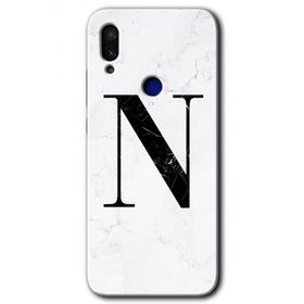 Xiaomi Redmi Note 7 Beyaz Mermer Desenli N Harfi Baskılı Uyumlu Silikon Kılıf