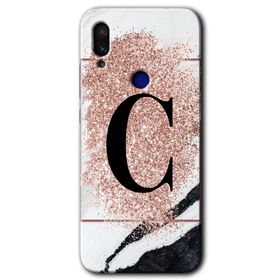 Xiaomi Redmi Note 7 Pembe Mermer Desenli C Harfi Baskılı Uyumlu Silikon Kılıf