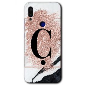 Xiaomi Redmi Note 7 Pembe Mermer Desenli C Harfi Baskılı Uyumlu Silikon Kılıf