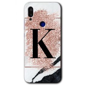 Xiaomi Redmi Note 7 Pembe Mermer Desenli K Harfi Baskılı Uyumlu Silikon Kılıf