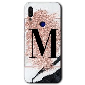Xiaomi Redmi Note 7 Pembe Mermer Desenli M Harfi Baskılı Uyumlu Silikon Kılıf