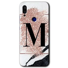 Xiaomi Redmi Note 7 Pembe Mermer Desenli M Harfi Baskılı Uyumlu Silikon Kılıf