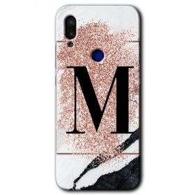 Xiaomi Redmi Note 7 Pembe Mermer Desenli M Harfi Baskılı Uyumlu Silikon Kılıf