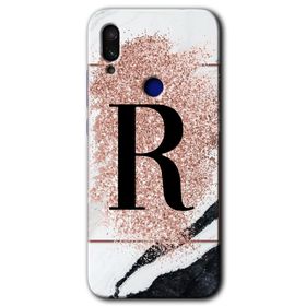 Xiaomi Redmi Note 7 Pembe Mermer Desenli R Harfi Baskılı Uyumlu Silikon Kılıf