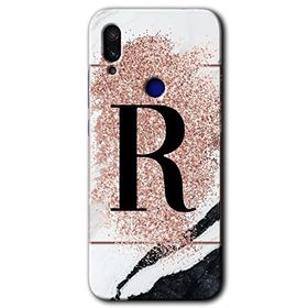 Xiaomi Redmi Note 7 Pembe Mermer Desenli R Harfi Baskılı Uyumlu Silikon Kılıf