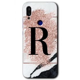 Xiaomi Redmi Note 7 Pembe Mermer Desenli R Harfi Baskılı Uyumlu Silikon Kılıf