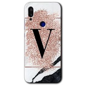 Xiaomi Redmi Note 7 Pembe Mermer Desenli V Harfi Baskılı Uyumlu Silikon Kılıf