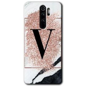 Xiaomi Redmi Note 8 Pro Pembe Mermer Desenli V Harfi Baskılı Uyumlu Silikon Kılıf