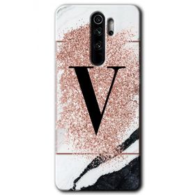 Xiaomi Redmi Note 8 Pro Pembe Mermer Desenli V Harfi Baskılı Uyumlu Silikon Kılıf