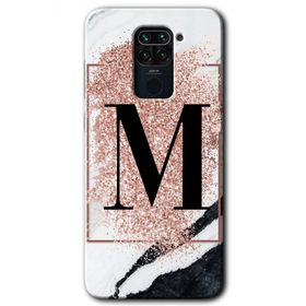 Xiaomi Redmi Note 9 Pembe Mermer Desenli M Harfi Baskılı Uyumlu Silikon Kılıf