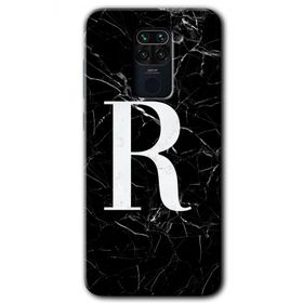 Xiaomi Redmi Note 9 Siyah Mermer Desenli R Harfi Baskılı Uyumlu Silikon Kılıf